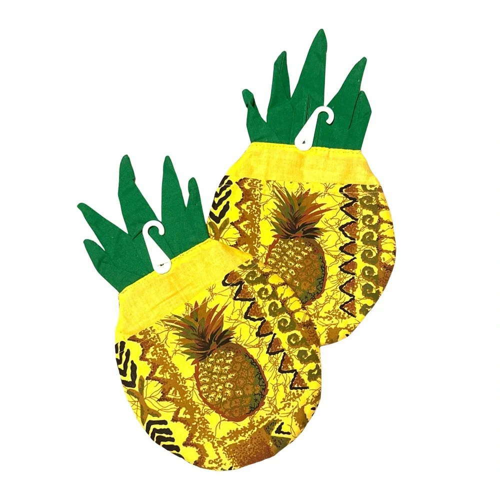 Authentic Vtg new Hawaii Pineapple Oven Mitts Hot Pads Set Yellow Tropical Batik